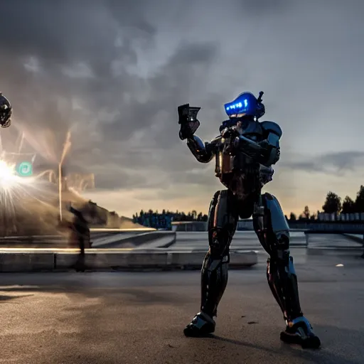 Prompt: robocop shooting aliens in helsinki, cinematic light, wide angle