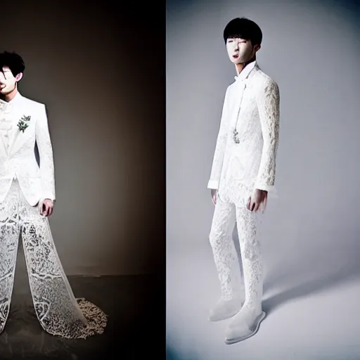 Image similar to a beautiful young korean male wearing a translucid lace wedding gown designed by alexander mcqueen, photographed by andrew thomas huang for a fashion editorial