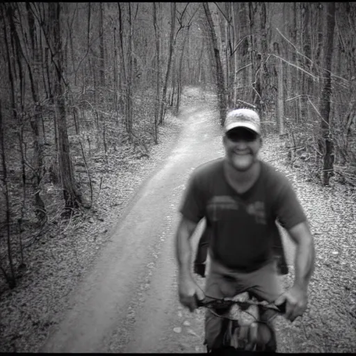 Image similar to chris hanson caught on a grainy trail cam, black and white