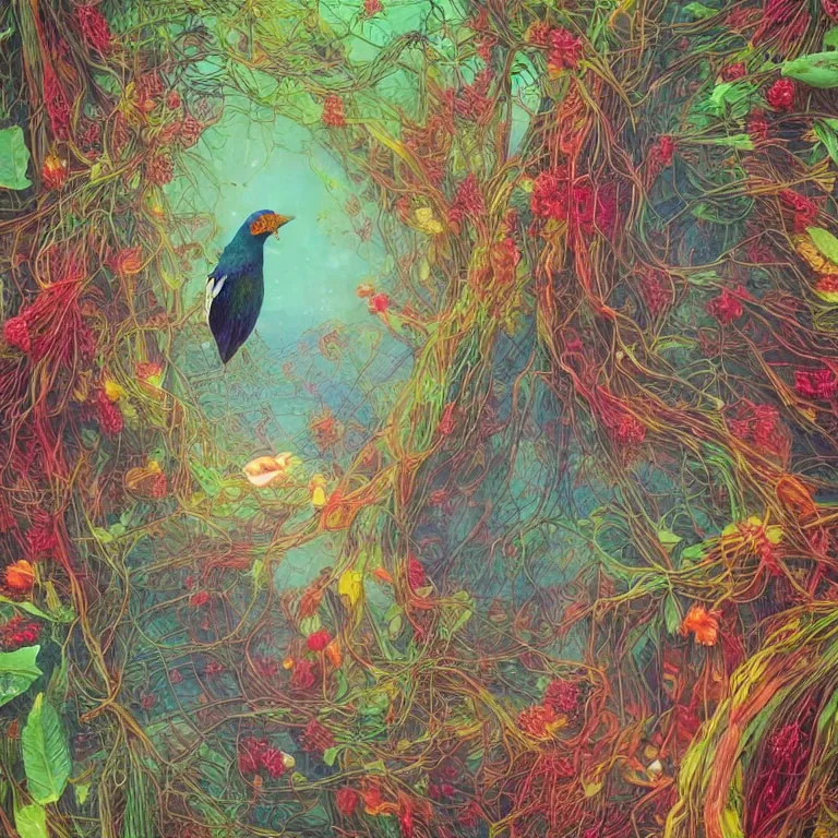 Image similar to human with the sea and the forest inside, veins diverge through the body like rivers filmed on a satellite, a person is decorated with wild berries, a beautiful bird is looking at him next, colorful picture