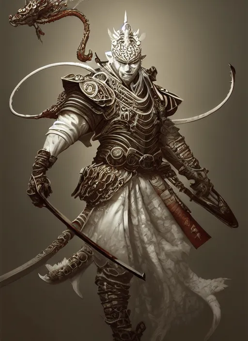 Prompt: subsurface scattering, white, koi, samurai deity with filigree ivory armor, octane render, by jesper ejsing, james jean, justin gerard, tomasz alen kopera, cgsociety and fenghua zhong, highly detailed, rim light, cinematic lighting, art, very coherent, cinematic, hyper realism, high detail, 8 k