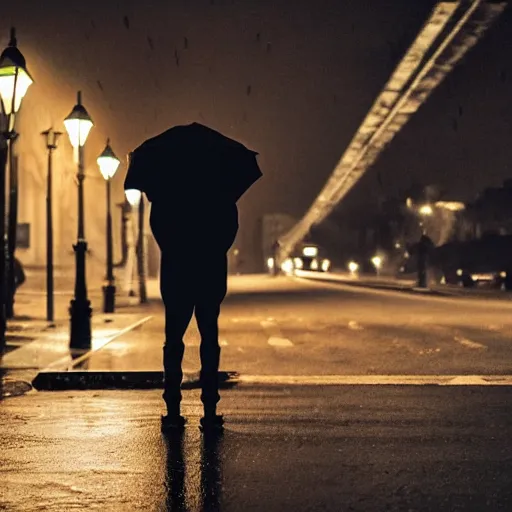 Image similar to lonely man waiting in rain at night under a street lamp