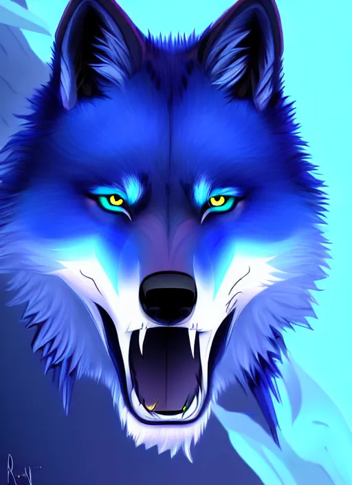 Image similar to blue wolf, red eyes highly detailed, deep focus, digital painting, smooth, sharp focus, anime art style, trending on artstation, 4 k