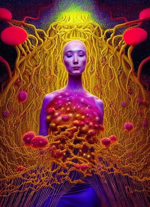 Image similar to hyper detailed 3d render like a Oil painting - Aurora (gilded Singer) seen Eating of the Strangling network of yellowcake aerochrome and milky Fruit and Her delicate Hands hold of gossamer polyp blossoms bring iridescent fungal flowers whose spores black out the foolish stars by Jacek Yerka, Mariusz Lewandowski, Houdini algorithmic generative render, Abstract brush strokes, Masterpiece, Edward Hopper and James Gilleard, Zdzislaw Beksinski, Mark Ryden, Wolfgang Lettl, hints of Yayoi Kasuma, octane render, 8k