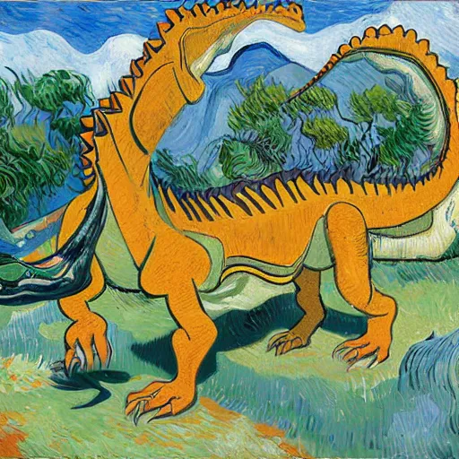 Prompt: a dinosaur zoo painted by willian vans gogh