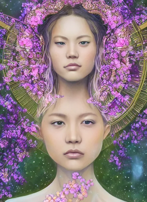 Image similar to portrait of Lalisa Manobal as a Celestial Goddess of a futuristic pearlescent holographic, inside future fighter, sci-fi, fantasy, intricate, lush garden spaceship with sakura season flowers in Kyoto Japan, elegant, human anatomy, royal green and nature light, highly detailed, digital painting, artstation, concept art, smooth, sharp focus, illustration, art by James Jean, masterpiece, 3d blender