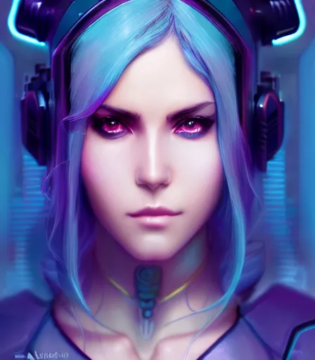 Prompt: beautiful portrait of a cyberpunk goddess who looks like Jessica Nigri , character design by charlie bowater, ross tran, artgerm, and makoto shinkai, detailed, soft lighting, rendered in octane