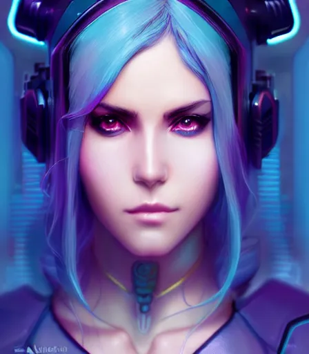 Image similar to beautiful portrait of a cyberpunk goddess who looks like Jessica Nigri , character design by charlie bowater, ross tran, artgerm, and makoto shinkai, detailed, soft lighting, rendered in octane