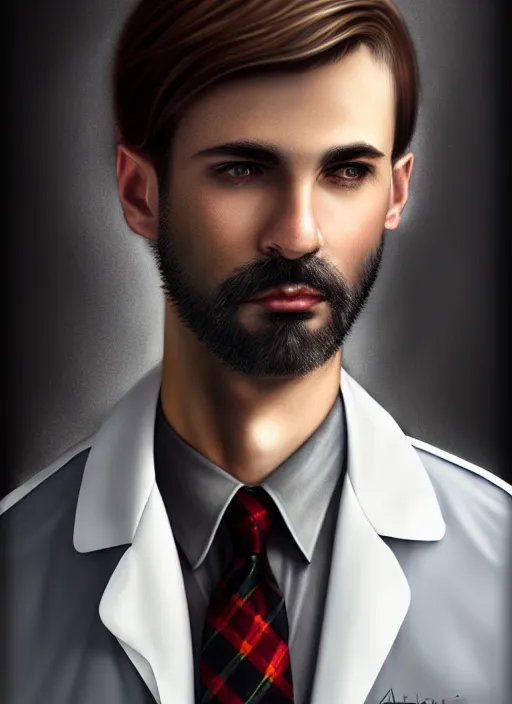 Image similar to male surgeon, brown hair, khakis, plaid shirt, gothic, moody, noir, diffuse lighting, fantasy, intricate, elegant, highly detailed, lifelike, photorealistic, digital painting, artstation, illustration, concept art, smooth, sharp focus, art by John Collier and Albert Aublet and James jean and Brian froud and ross tran and Artem Demura and Alphonse Mucha