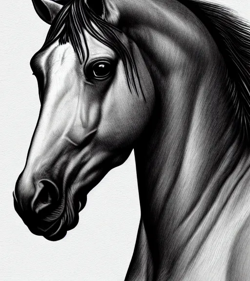 Image similar to portrait of a horse sitting upon a table with heightened detail, poised, intense emotion, detailed facial expression, detailed surroundings, intricate, elegant, highly detailed, centered, digital painting, artstation, concept art, smooth, sharp focus, illustration, by ( leonardo da vinci ), wlop