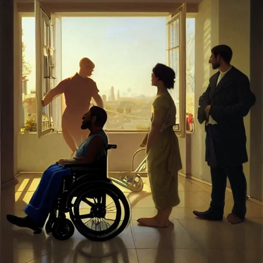 Image similar to a male patient in a wheelchair in the hospital with his wife and son standing by. happy, cheerful, smiling, intricate, face enhance, sharp focus, cinematic lighting, featured in artistation, 8 k, art by greg rutkowski, william adolphe bouguereau