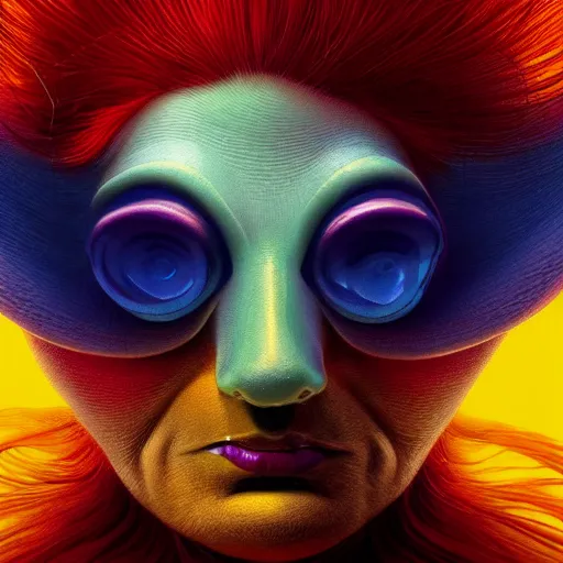 Image similar to colourful breathtakingly weird beautiful powerful magical wonderfully majestic beautifully cool character closeup by michael whelan and moebius and beeple and dan mcpharlin and pascal blanche and jamie hewlett and richard dadd, symmetrical, extreme close up with a serene expression, magical stormy reflections, smoke on water, 8 k artstation