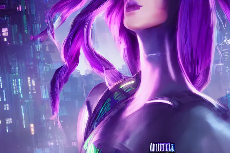 Image similar to a superhero girl with purple hair in a cyberpunk city, digital painting, long shot, blue hour lighting, Vaporware style, romantic, dynamic, bright, joyful, Award Winning, Unreal Engine, Trending on ArtStation, 4k