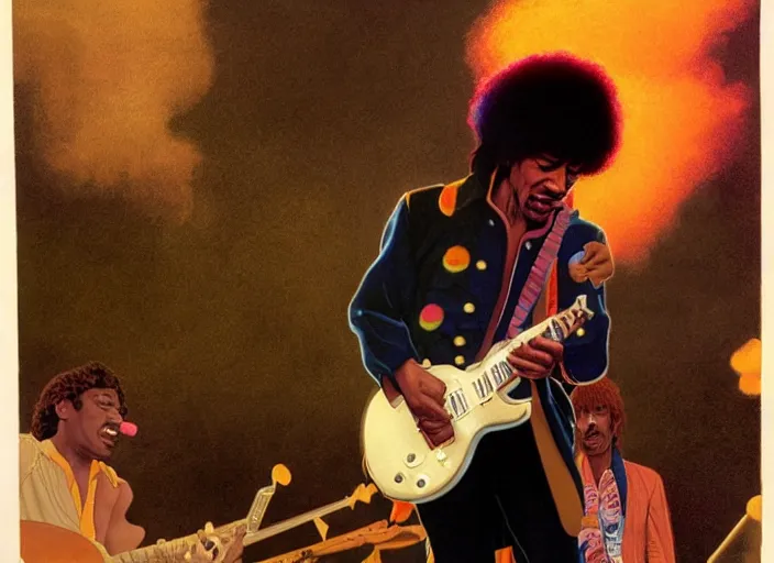 Image similar to jimi hendrix performing at woodstock illustrated by ralph mcquarrie