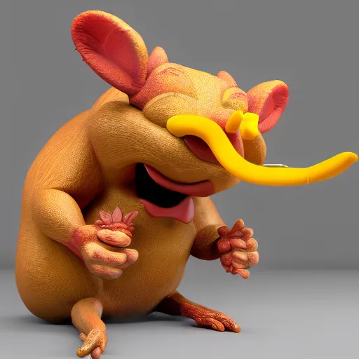 Image similar to 3 d render, ancient antler deity, yellow rat pig, holding a red orchid, laughing, brightly lit room