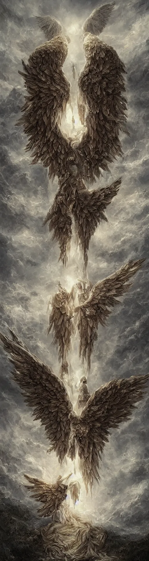 Prompt: Tower made out of angel wings and eyeballs, realistic painting, classical painting, high definition, digital art, matte painting, vibrant, mystical, fantasy art, very detailed, realistic