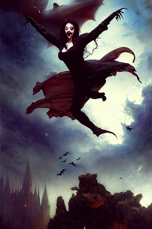 Prompt: evil female vampire jumping, highly detailed, realistic style. night sky with bats. by raymond swanland, gaston bussiere, simon bisley, anna podedworna, ayami kojima, greg rutkowski, maxim verehin
