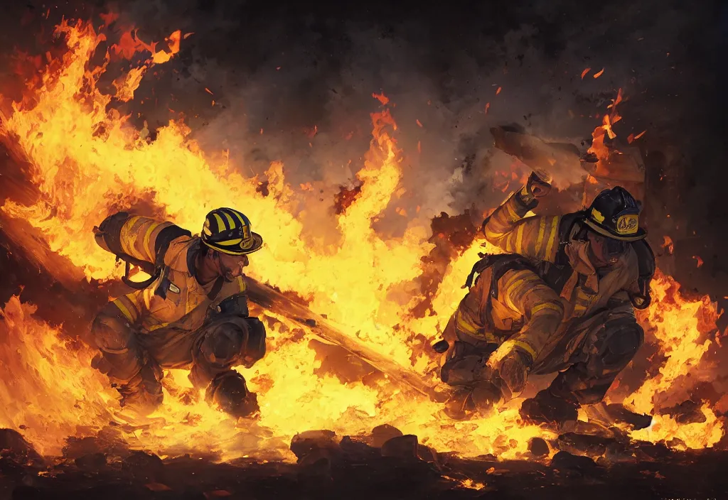 Image similar to one heroic firefighter in action in black and yellow uniform, fire flames, sharp details, sharp focus, realistic, highly detailed, illustration, by jordan grimmer and greg rutkowski and pine ( ハイネ ) and 薯 子 imoko and 香 川 悠 作 and wlop and maya takamura, intricate