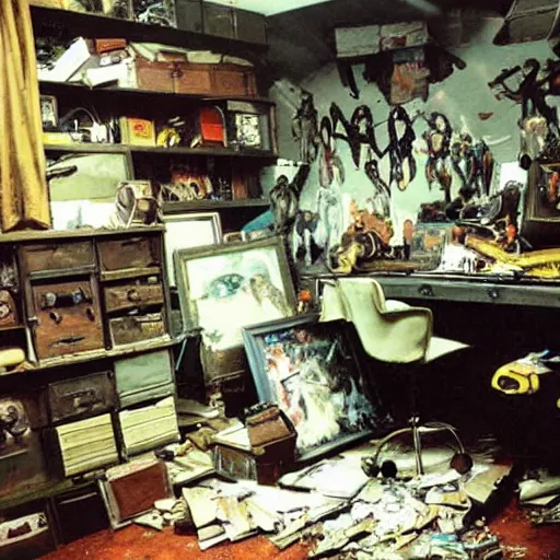 Prompt: messy vintage room of a fallout vault, frank frazetta