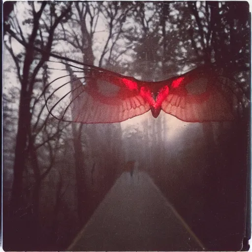 Prompt: Real Polaroid photo of Mothman perched on a bridge, red glowing eyes