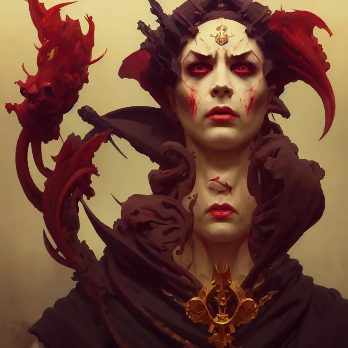 Image similar to excellent painted portrait of the grand demon tyrant, high quality masterpiece painted portrait, symmetry, 4k, trending on artstation, octane render, art by artgerm and greg rutkowski and alphonse mucha and craig mullins and James Jean and Andrei Riabovitchev and Marc Simonetti and peter mohrbacher