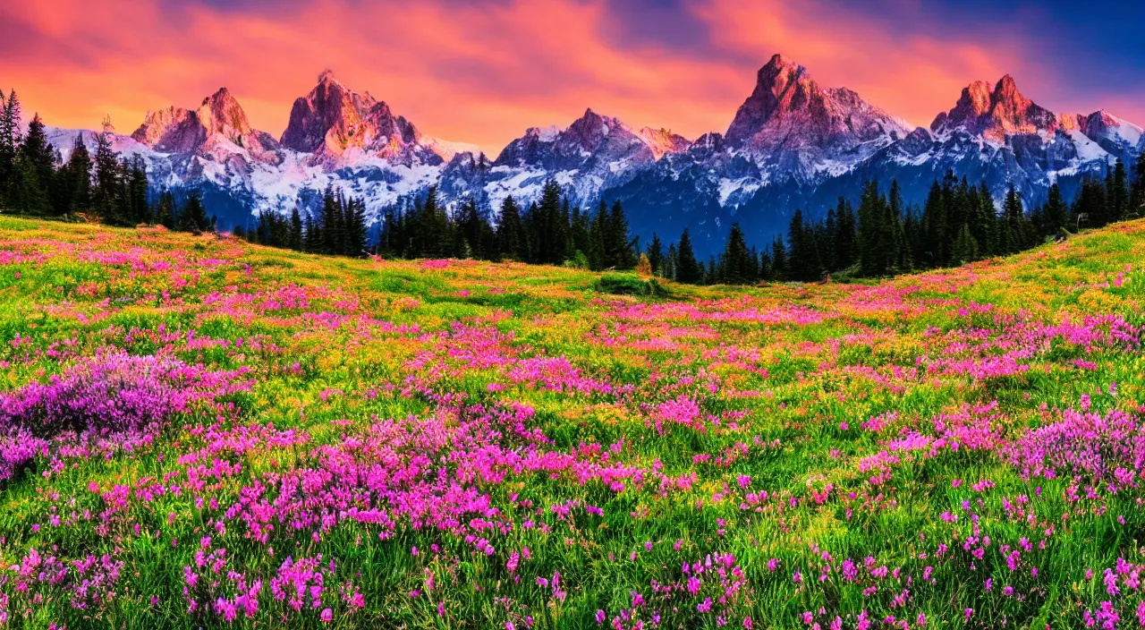 Prompt: Beautiful alpine meadow with flowers and snowy peaks in the background during sunset, photo-realistic, dramatic colors, 4k