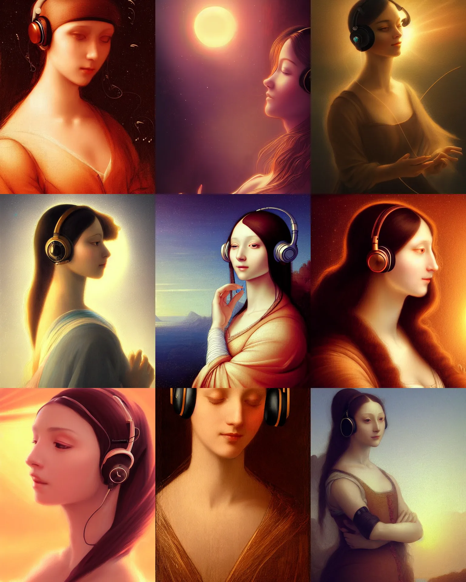 Prompt: Portrait of an elegant woman with headphones in a warm glowing scenery by leonardo da vinci, sunset, fantasy, anime, intricate sparkling atmosphere, artstation, fine art, artgerm