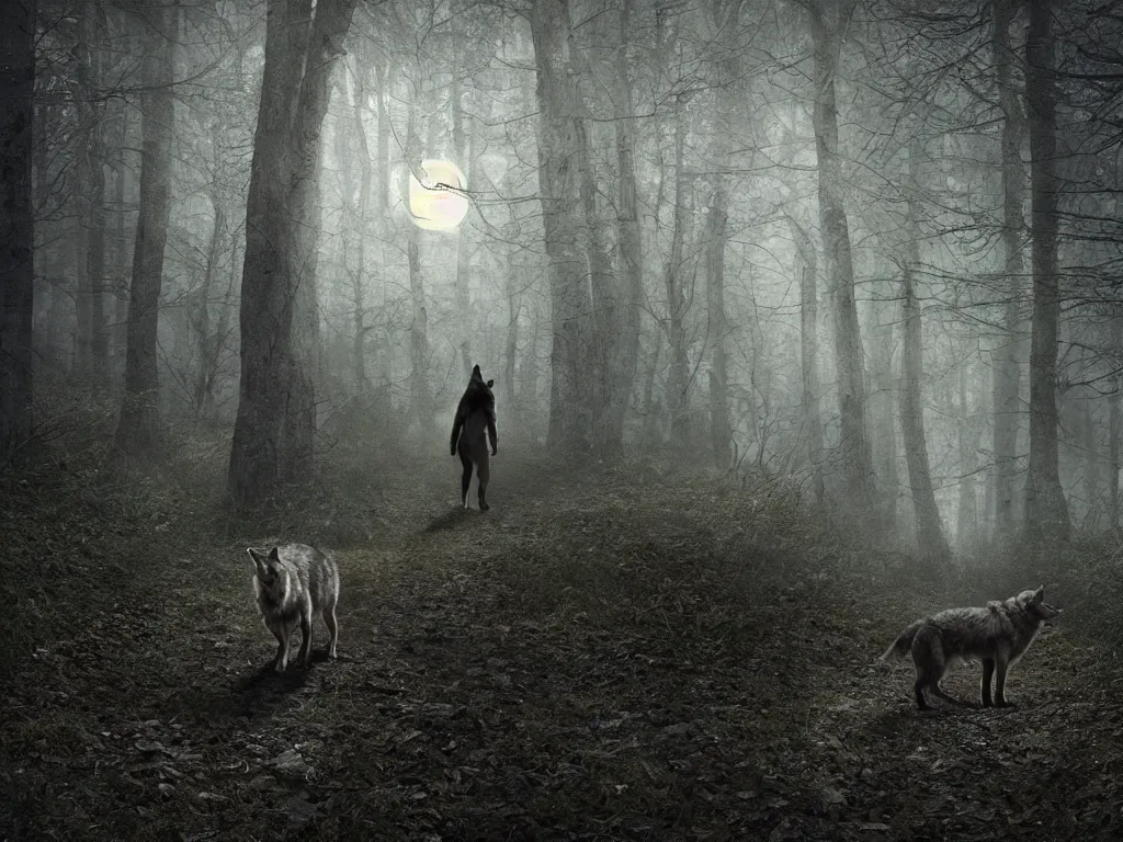 Image similar to a large wolf walking on a dark path through the forest at night under a full moon, 4 k, photorealistic, matte painting,