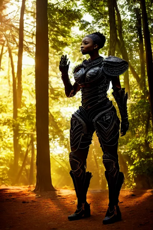 Image similar to hyperrealistic long shot mithra gorgeous black woman intricate exoskeleton armor in a forest sun behind her concept art eric zener elson peter cinematic orange light low angle hd 8k sharp rack focus