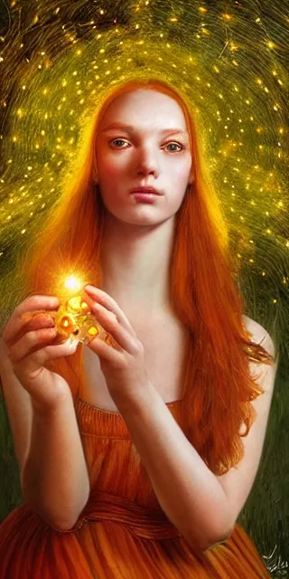 Image similar to an amazed young woman looking at golden firefly lights in a mesmerizing scene, sitting amidst nature fully covered, intricate detailed dress, long loose red hair, precise linework, accurate green eyes, small nose with freckles, smooth oval head, empathic, expressive emotions, hyper realistic ultrafine portrait by artemisia gentileschi, jessica rossier, artgerm