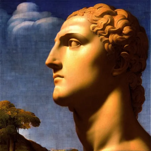 Image similar to Vaporwave composition of head of David by Michelangelo on a checkerboard floor against a turquoise sky