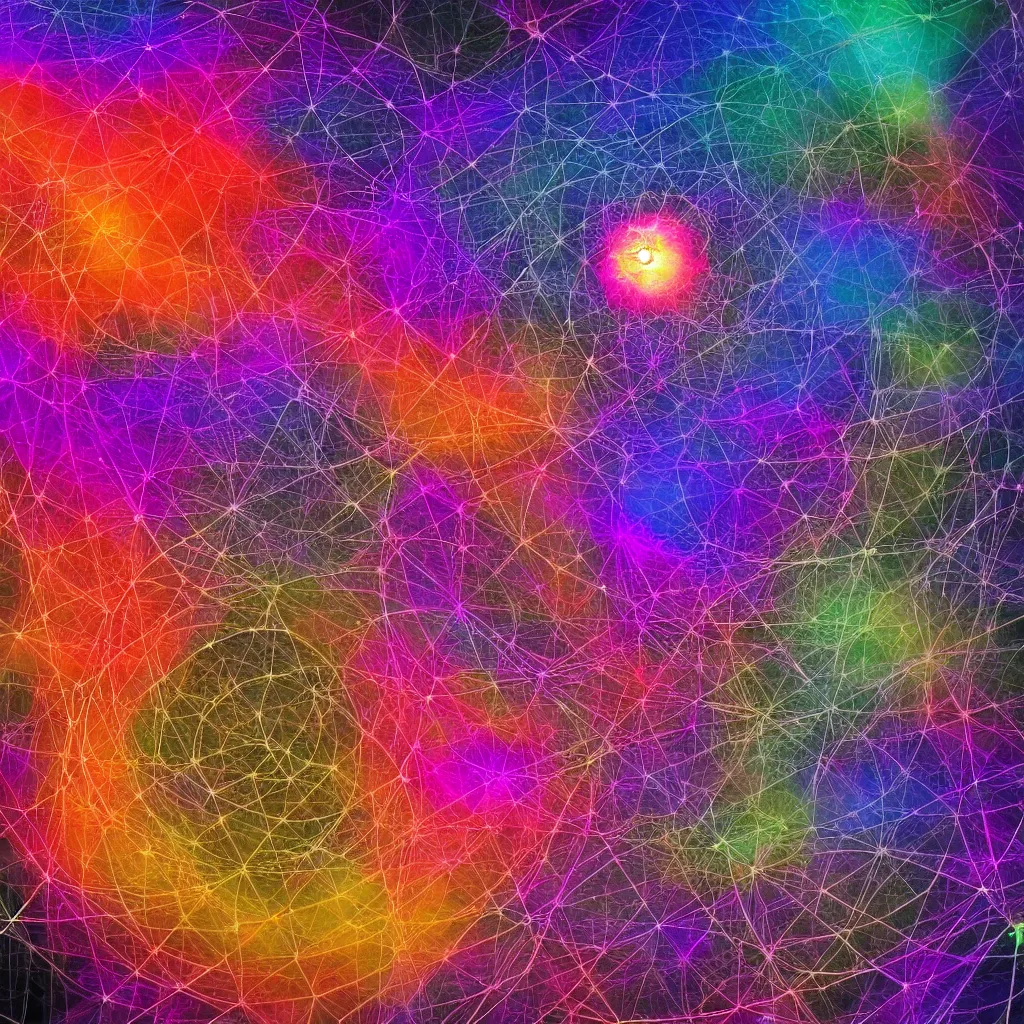 Image similar to what happens inside a proton, Indra's Net by greg rutowski, the pure chaos of the mind as a colorful explosion of consciousness