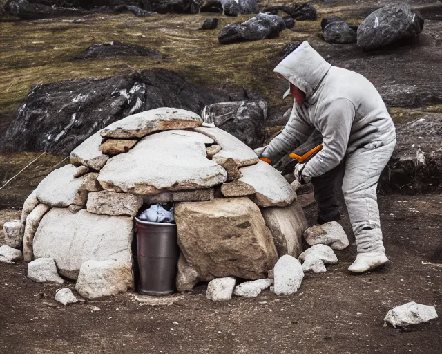 Prompt: high resolution photograph of an eskimo building an igloo out of rock