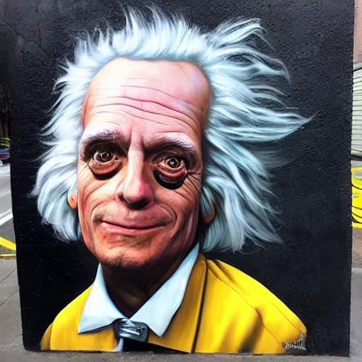 Prompt: Street-art portrait of doctor Emmett Brown from back to the future movie in style of Etam Cru