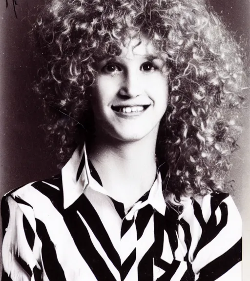 Prompt: 1 9 8 0 s highschool girl with big blonde hair, a black and white patterned shirt, magenta hair clip, yearbook photo