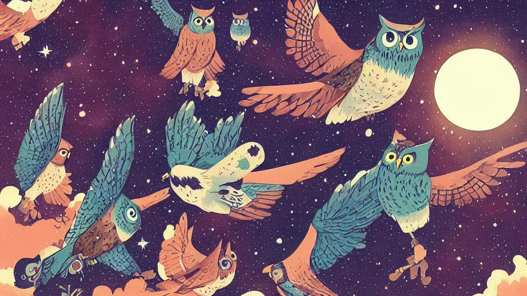 Image similar to very detailed, ilya kuvshinov, mcbess, rutkowski, watercolor illustration of owls flying at night, colorful, deep shadows, astrophotography, highly detailed