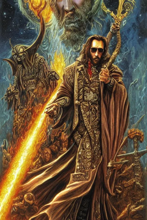 Image similar to Nicolas Cage as wizard, fantasy, intricate, highly detailed, illustration by ken kelly