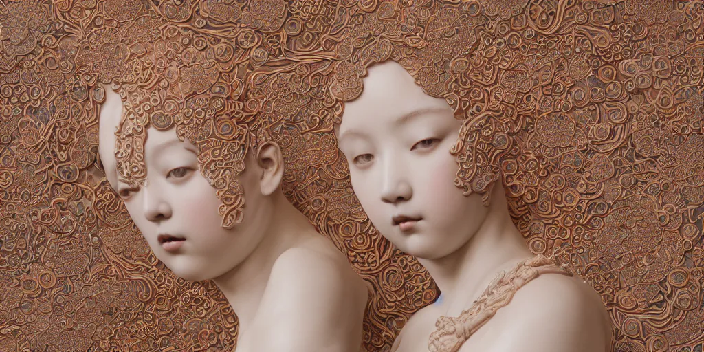 Image similar to A photo-real delicate ceramic porcelain sculpture of an ornate detailed girl in front of a intricate background by Victo Ngai and takato yamamoto, micro detail, backlit lighting, subsurface scattering, translucent, thin porcelain, octane renderer, colorful, physically based rendering, japanese pottery, trending on cgsociety 'H 1024