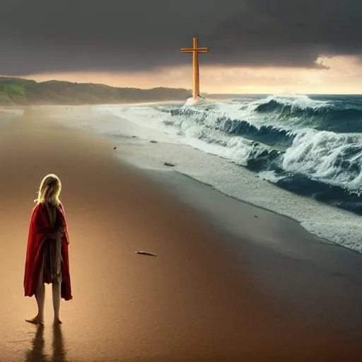 Image similar to a highly detailed portrait of a large cross standing on the beach as a storm comes in with the tide, a beautiful blonde woman sitting in the sand watching the ocean, epic fantasy, god rays, rocky beach, aerial photography, volumetric lighting, octane render, exquisite detail, 8 k, art by norman rockwell and albert bierstadt and alphonse mucha