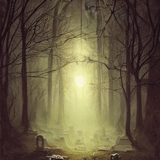 Image similar to The last Spirit living in the Cemetery by Greg Rutkowski and Caspar David Friedrich