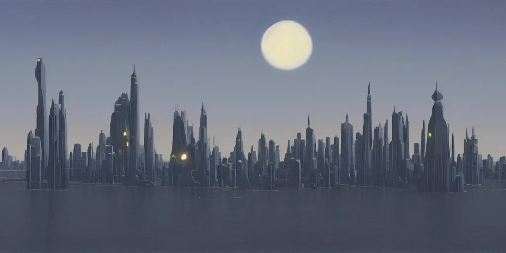 Prompt: futuristic skyline, two moons, Ralph McQuarrie