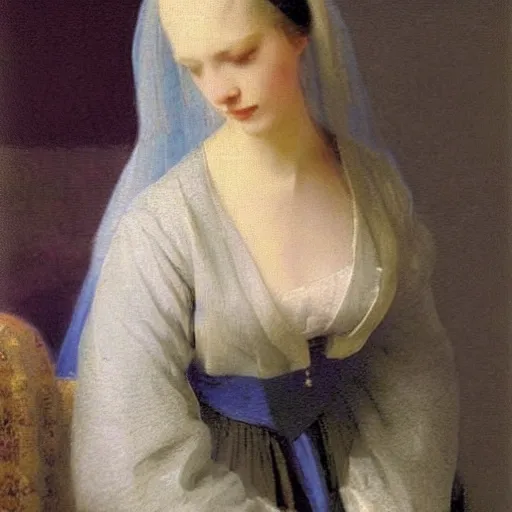 Image similar to a young woman’s face, her hair is white, she wears a long flowing blue satin veil, by ivan aivazovsky and pieter claesz and willen claesz heda and gerard ter borch and aelbert cuyp and paul delaroche and august malmstrom and alma tadema and carl gustav carus, fine detail, hyperrealistic, rendered in octane