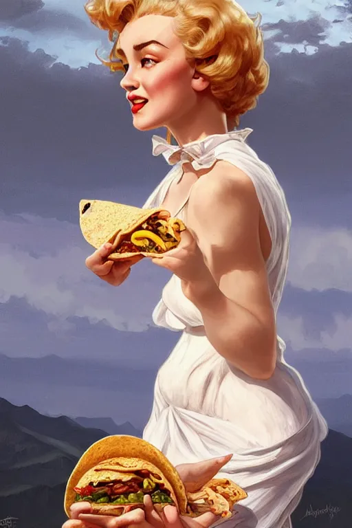 Prompt: beautiful cottagecore Marylin Monroe holding a taco. intricate, elegant. highly detailed, digital painting, artstation, concept art, smooth, sharp, focus, illustration. . art by artgerm and greg rutkowski and alphonse mucha