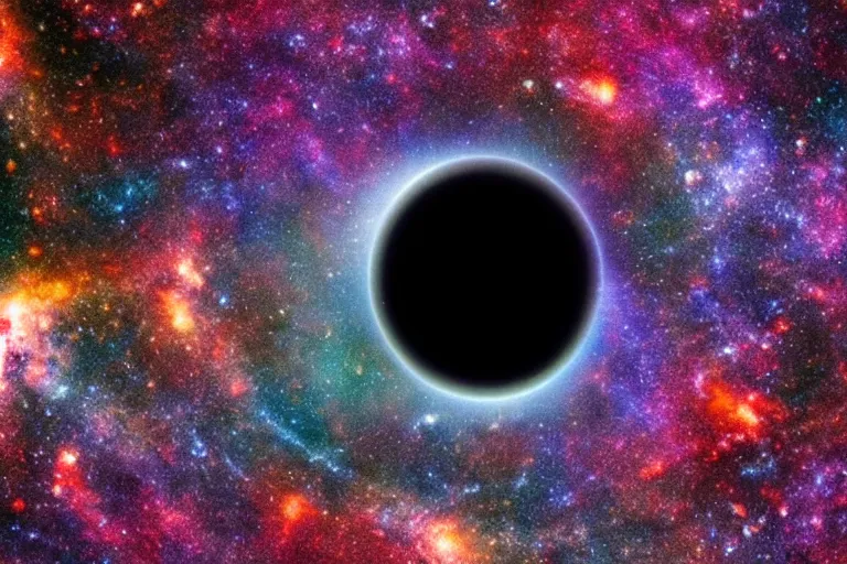 Prompt: photograph of a black hole in space, ominous, galaxy, colorful background, photograph, realistic,