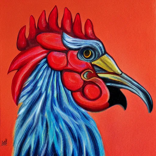 Prompt: head on portrait of a rooster