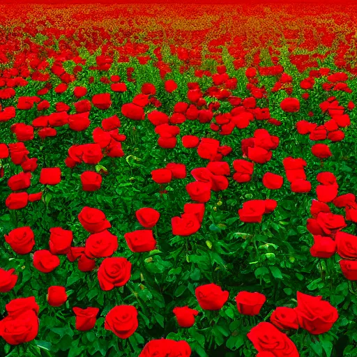 Image similar to photo of a beautiful field of roses with a dark tower in the center. golden hour. photorealism. 4 k. national geographic. dof