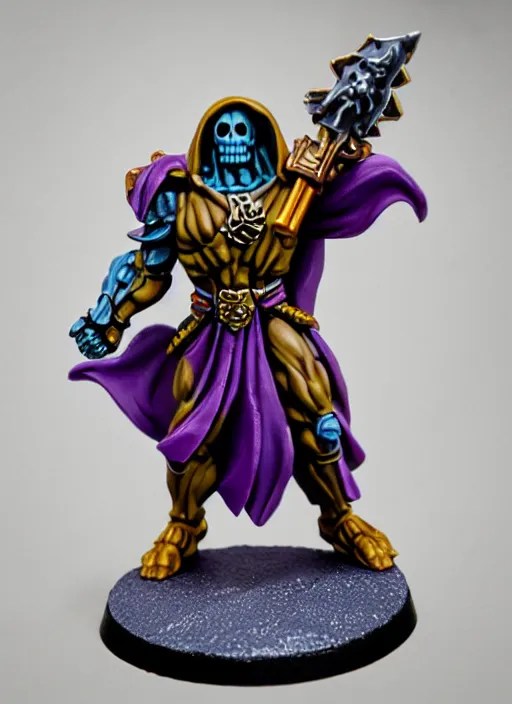 Image similar to Skeletor, Professionally Painted tabletop miniature, tabletop gaming, warhammer, 40k, D&D, Dungeons and Dragons, Reaper Miniatures, Games Workshop, professional photography, product photography, official media