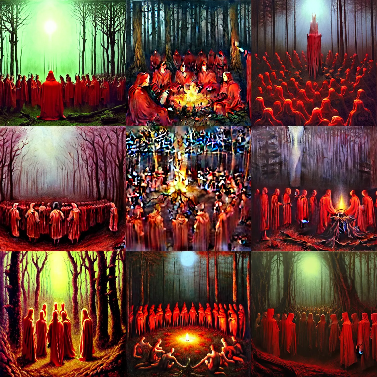 Prompt: cult gathering in forest with a sacrifice for the gods, red robes, night time, candles, detailed painting, by dariusz zawadzki and beksinski and wayne barlow