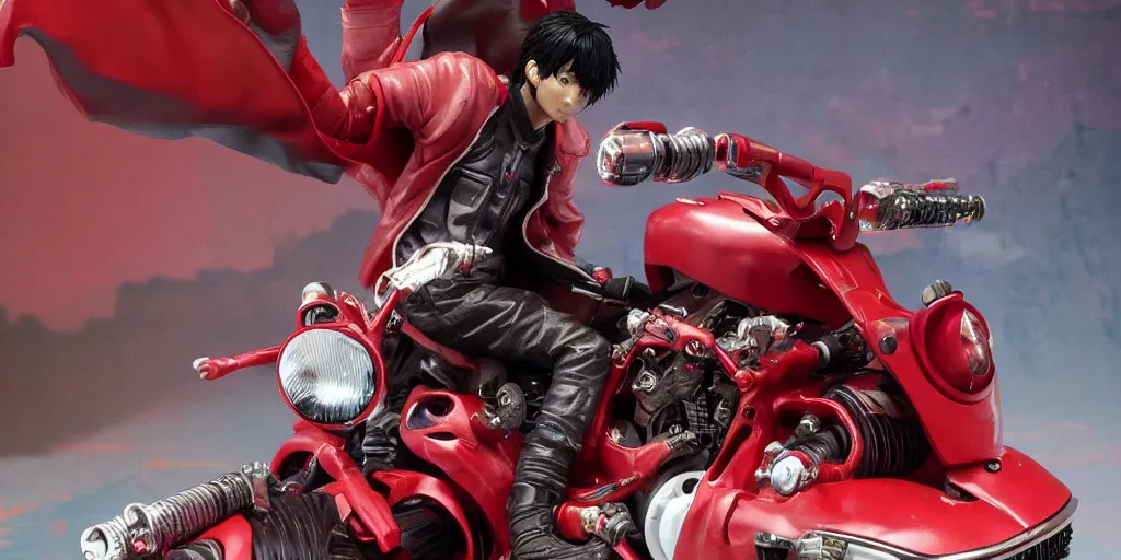 Image similar to kaneda from akira with his motorbike, character sheet, concept design, contrast, hot toys, kim jung gi, greg rutkowski, zabrocki, karlkka, jayison devadas, trending on artstation, 8 k, 3 d scene, ultra wide angle, pincushion lens effect