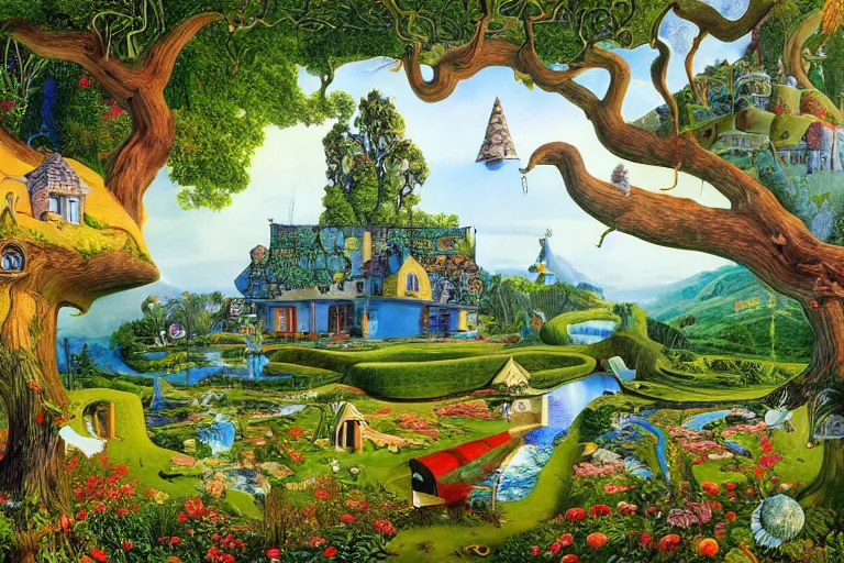 Prompt: a magical realism landscape in wonderland with house and trees by jacek yerka and salvador dali, detailed matte painting, 8 k resolution